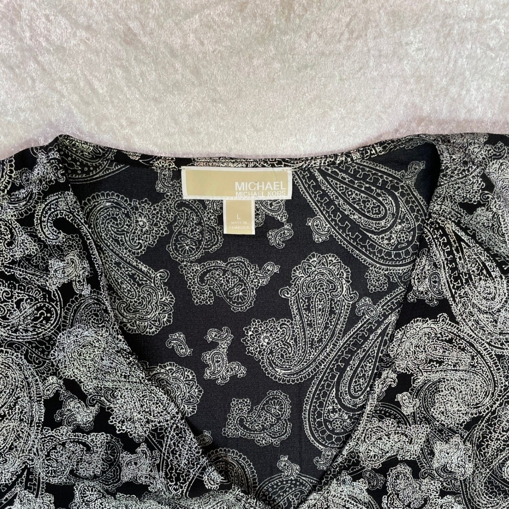 Michael Kors Wrap Top Large Black Silver Excellent Paisley Puff Sleeve Blouse